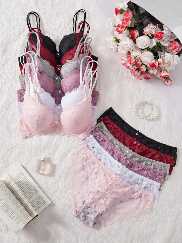 6-Piece Set Women's Underwear Set Sexy Patterned Lace Patchwork No Lining Comfortable Fitting Women's Push-Up Bra Sexy Lingerie — image 10