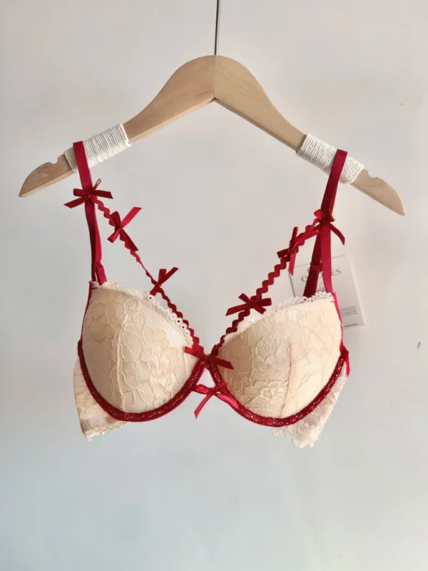 セクシーな Women Red Lace Bridal Lingerie Set Bowknot Push Up Bra Panty Small Bust Pure Style Wedding Party Intimate Underwear 32-38 — image 9