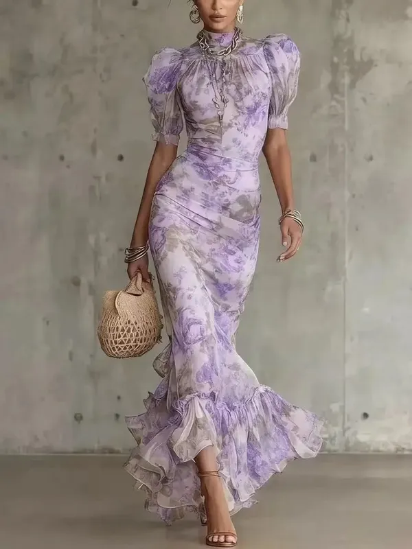 Organza Floral Printed Maxi Dress Fashion V-neck Puff Sleeve 2026 Spring/summer Romantic Women Party Gown Elegant Lady Vestidos — image 19