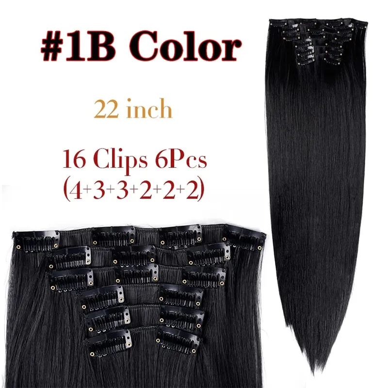 22 Inches Synthetic Long Straight Hairstyle 16 Clips 6Pcs/Set Hair Extensions Blonde Black Hairpieces Heat Resistant For Women