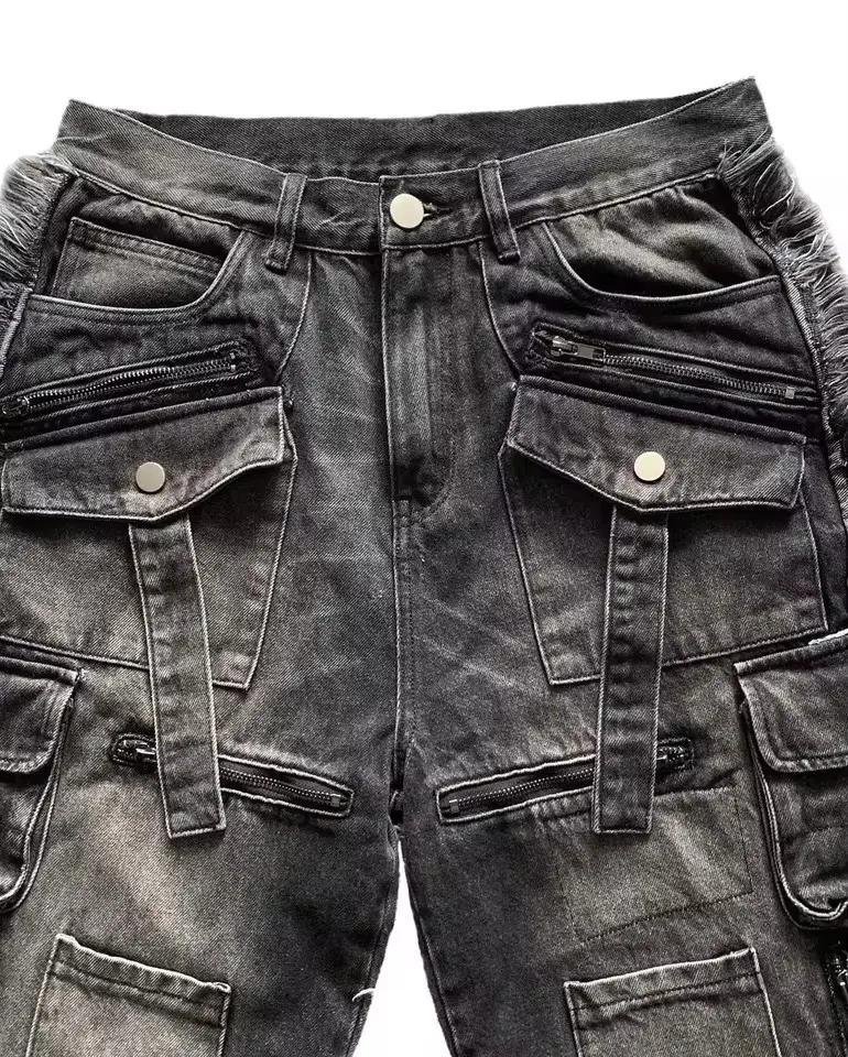 Y2K Black Multi Pocket Cargo Jeans Men Women Wide Leg Distressed Frayed Hem Flap Pockets Button Detail Baggy Streetwear Trousers — image 6