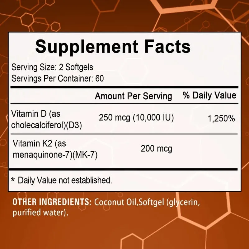 2-in-1 Vitamin D3 K2 Supplement Softgel 10000 IU VIT D3 + 200 MCG Vitamin K2 Support Calcium Absorption in Bones — image 2