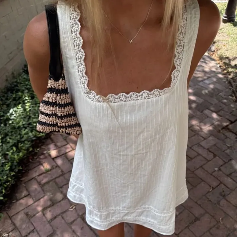 Maemukilabe Women Lace Trim Mini Cami Dress Spaghetti Strap Square Neck Short Dress Boho Loose Flowy Backless Babydoll Dresses — image 1