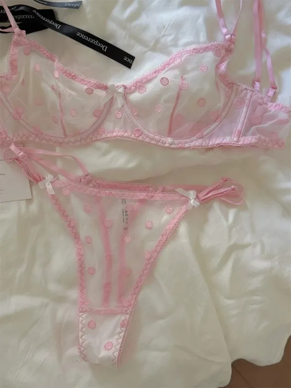 French Retro Lace Bra & Thong Set | Sexy Polka Dot Sheer Mesh Lingerie for Plus Size Big Bust Ultra Thin MOYISU Panty TUSHY Set — image 14