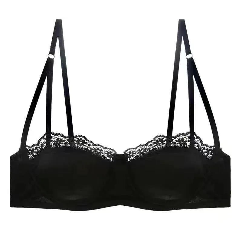 European -American sexy satin half cup comfortable upper support underwear set thin with steel ring green lace edge glossy bra — image 4