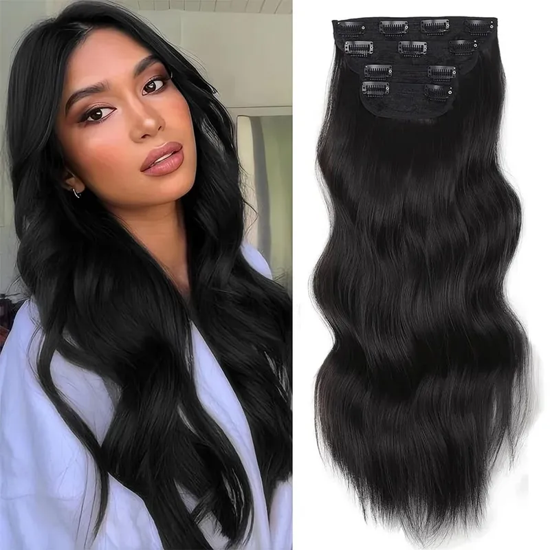 4Pcs/Set Synthetic Hair Clip In Hair Extensions 24Inch Long Wavy Thick Hairpieces For Women Full Head Ombre Hairpiece
