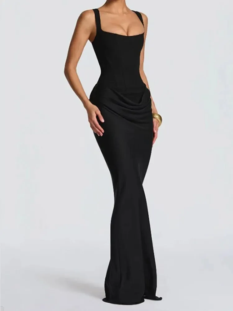 Women Pleated Sleeveless Maxi Dress Summer Solid Slim Fit Square Neck Corset Style Dresses Flady Fashion Evening Party Gowns — image 6