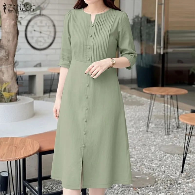 2026 ZANZEA Stylish Split Hem Dress Women Summer Sundress V Neck Half Sleeve Holiday Midi Robe Casual Solid Color Work Dresses — image 1