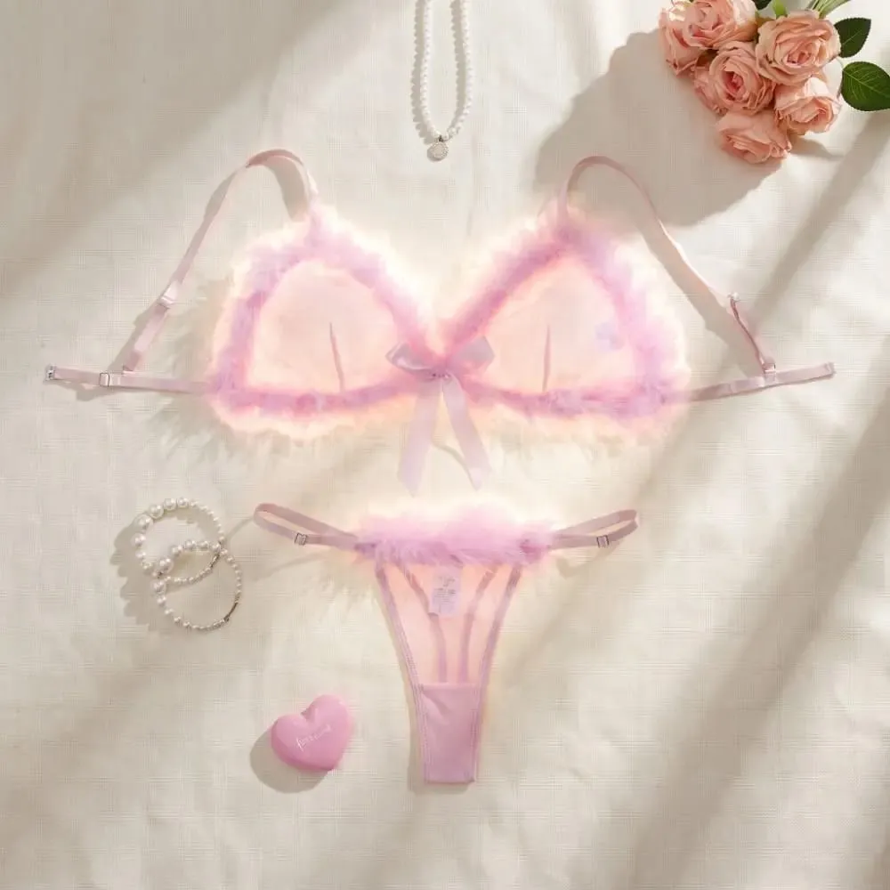 Furry Women's Underwear Mesh Transparent Wireless Lingerie Set Bow Decor Romantic Intimate Bra Panties Suit Intimate Moments — image 4