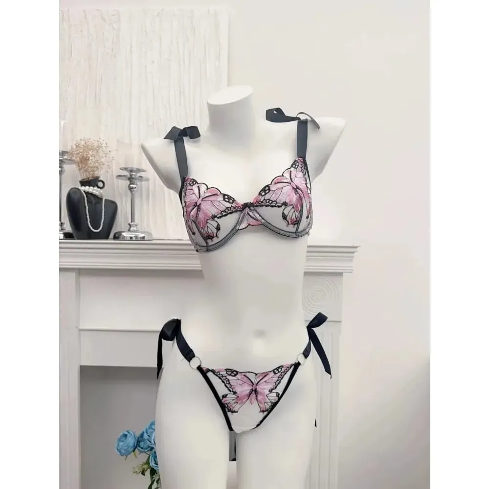 Modest Romantic Lace Butterfly Embroidery Bra Sheer Mesh Camisole Sleepwear Women Daily Wear Push Up Soft Lingerie Set 34-40 — image 5
