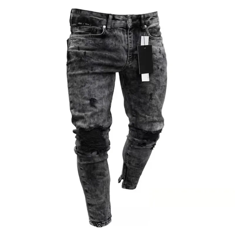 Denim Pant Men Jeans Vintage Pencil Pants High Waist Distressed Hole Skinny Trousers Zipper Hem Y2k Streetwear Splice Casual — image 3