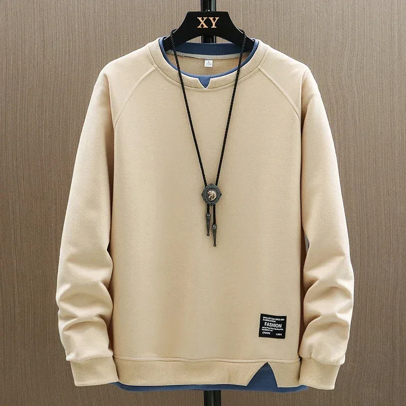 2025 New Mens Casual Sweatshirts Harajuku Solid Color Fashion Fake Two Pieces O-Neck Sweatshirt Hoodies Hip Hop Male Streetwear