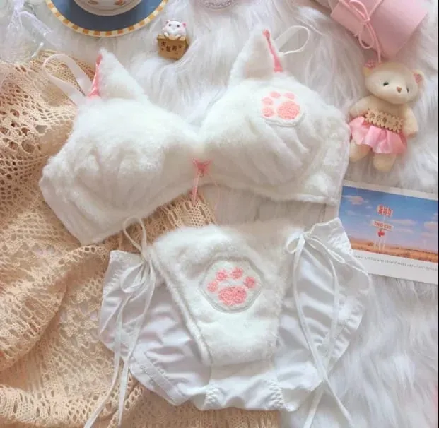Cute Cat Paw Plush Lingerie Set for Women Warm Winter Bra & Panty with Ears Comfortable Kawaii Underwear — image 2