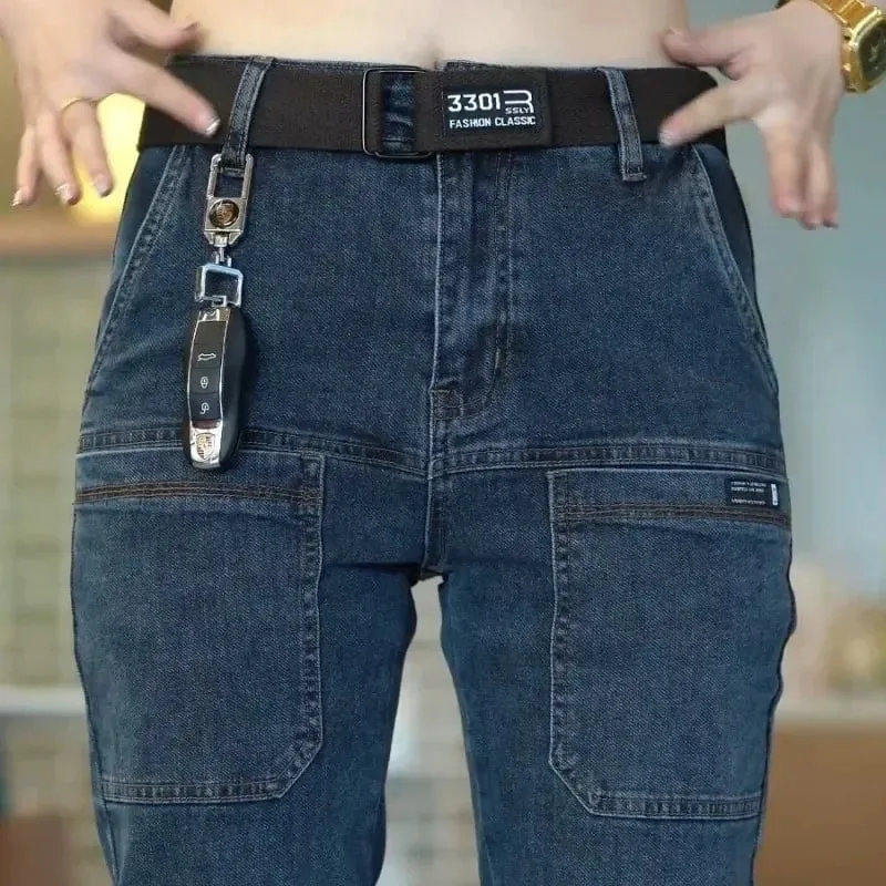 Spring Summer Thin Six Pocket Men's Jeans Elastic Straight Leg Casual Slim Fit Jeans Versatile Multi-Pocket Long Y2K Denim Pants — image 3