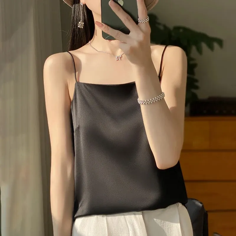 New Ice Silk Sexy Satin Strap Women's Spring/Summer Vest Solid Color Sleeveless Sexy Comfortable Silk Underwear Vest RW-D19