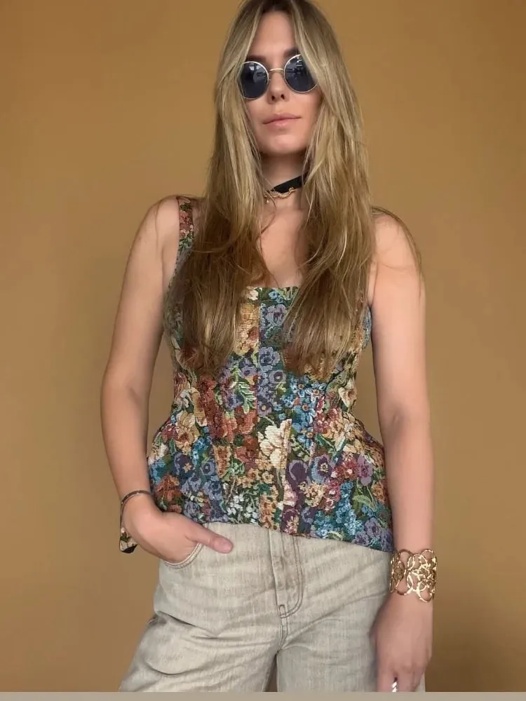 Vintage Floral Off-shoulder Corset Cami Top Women Square Neck Peplum Sleeveless Slim Fit Tank Blouse New Summer Vacation Outfits — image 5