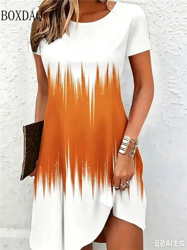 New Women's Summer Dresses Loose Short Sleeve Round Neck Gradient Pattern Printed Casual Party Dress — image 9