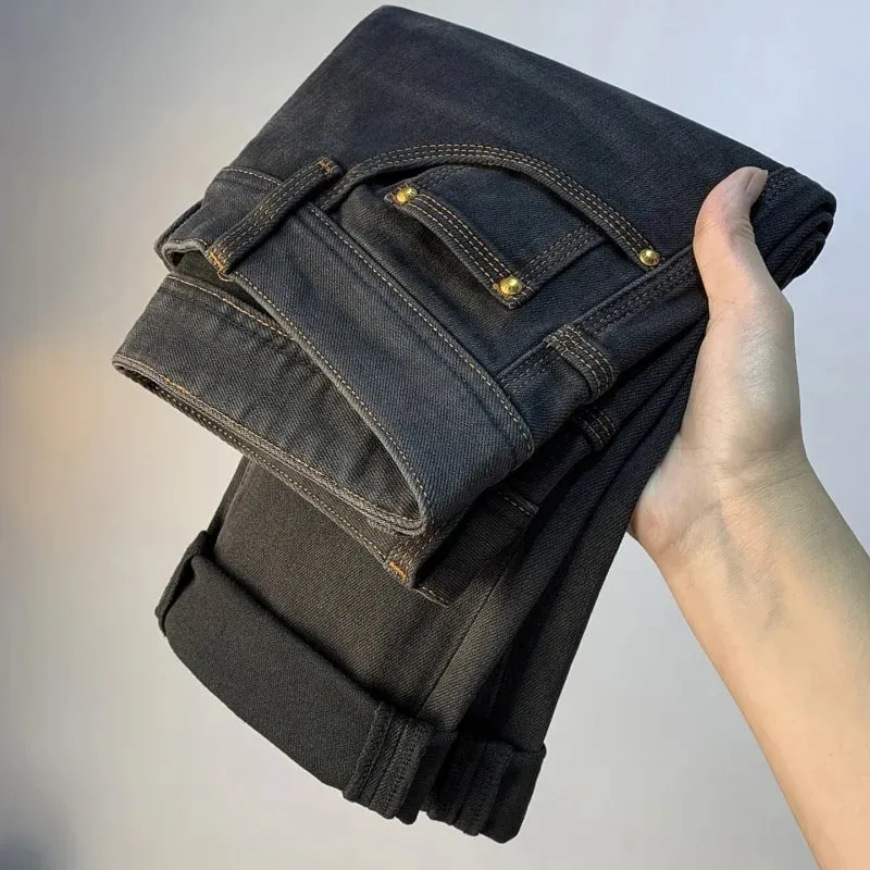 Light luxury high-end fashionable jeans for men in autumn 2025 thick and trendy casual slim fit elastic denim small leg pants — image 1