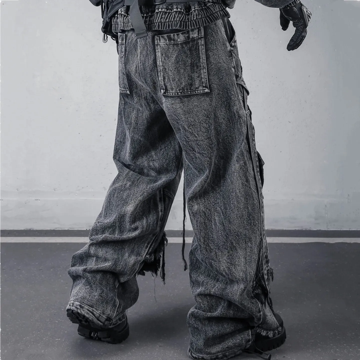 Deconstructed Straps Washed Vintage Cargo Jeans Man Woman Techwear Wasteland Style Wide Leg Tactical Baggy Pants Street Wear — image 7