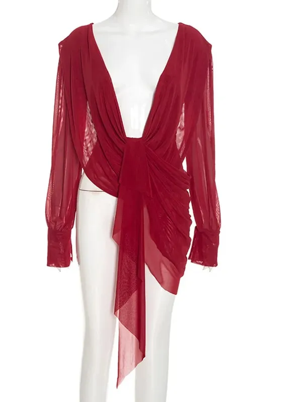 Beyprern Chic Y2K Aesthetic Plunging Neckline Mesh Top Female Draped Asymmetrical Long Sleeve Cover Up Blouse Night Out Clubwear — image 8