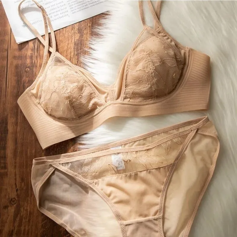 French Style Lace Bra Non Padded Wireless See Through Sexy Demi Cup Lightweight Breathable Summer Lingerie Set Small Bust S-XL — image 2