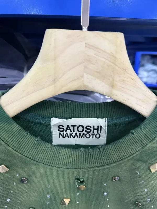 Letters Logo Rhinestone Rivet Satoshi Nakamoto Sweatshirts Men Women Streetwear Vintage Washed Charcoal Gray Green Pullovers Tag — image 19