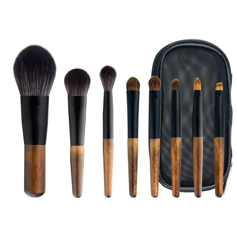 Juego de Mini brochas de maquillaje de viaje, 8 Uds., con bolsa, mango de madera, brocha cosmética para cara en polvo, iluminador con colorete, corrector, sombra de ojos