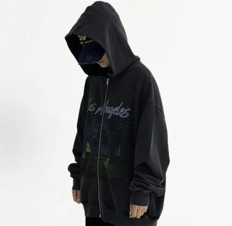 False Rhinestone Starry Sky Pattern Print Washed Zipper Loose Hoodie Street Casual Cotton Versatile Sports Trendy Sweatshirt — image 5