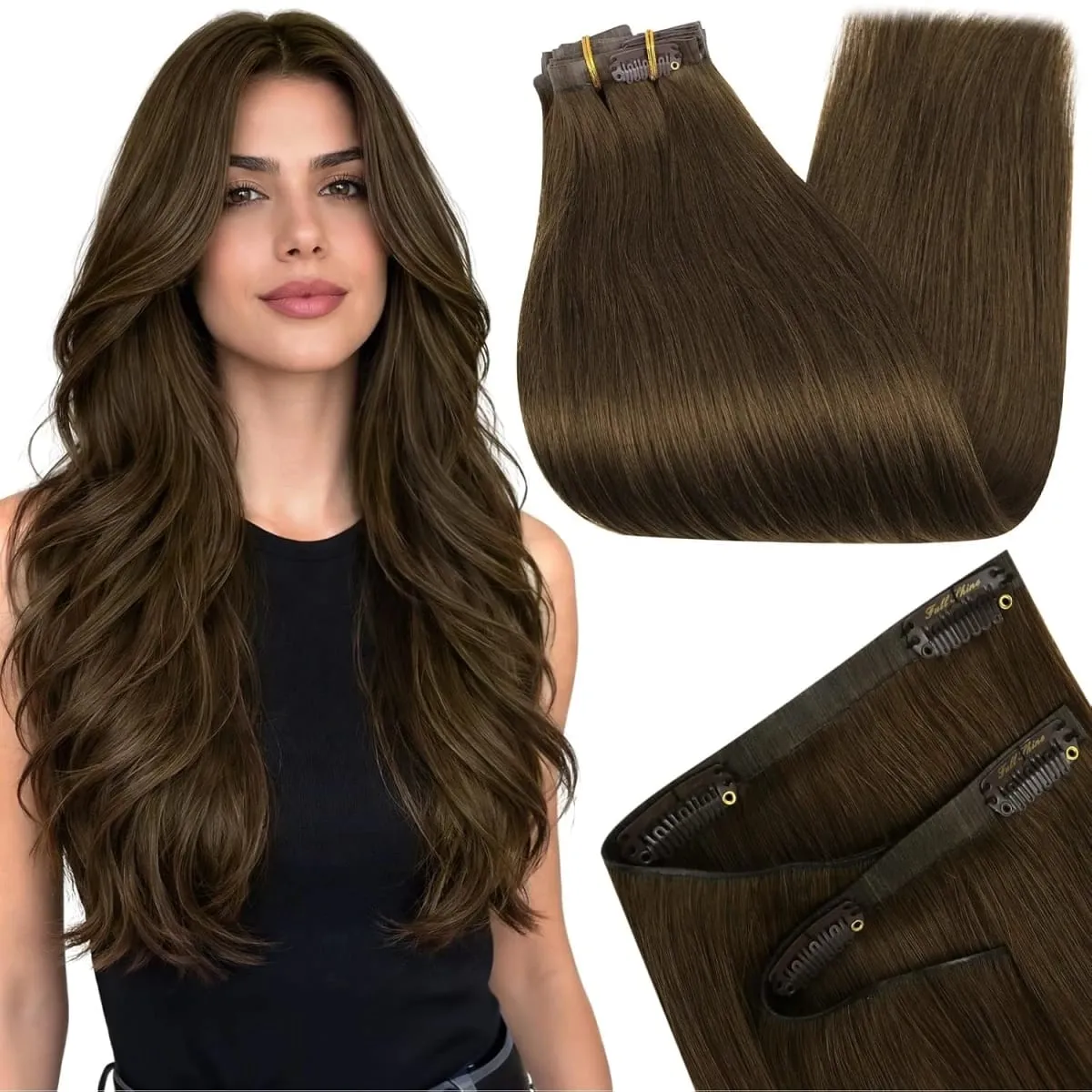 Full Shine 7 Pcs Genius Weft Clip In Hair Extensions Human Hair Seamless Invisible PU Weft Clip Ins For Women — image 1