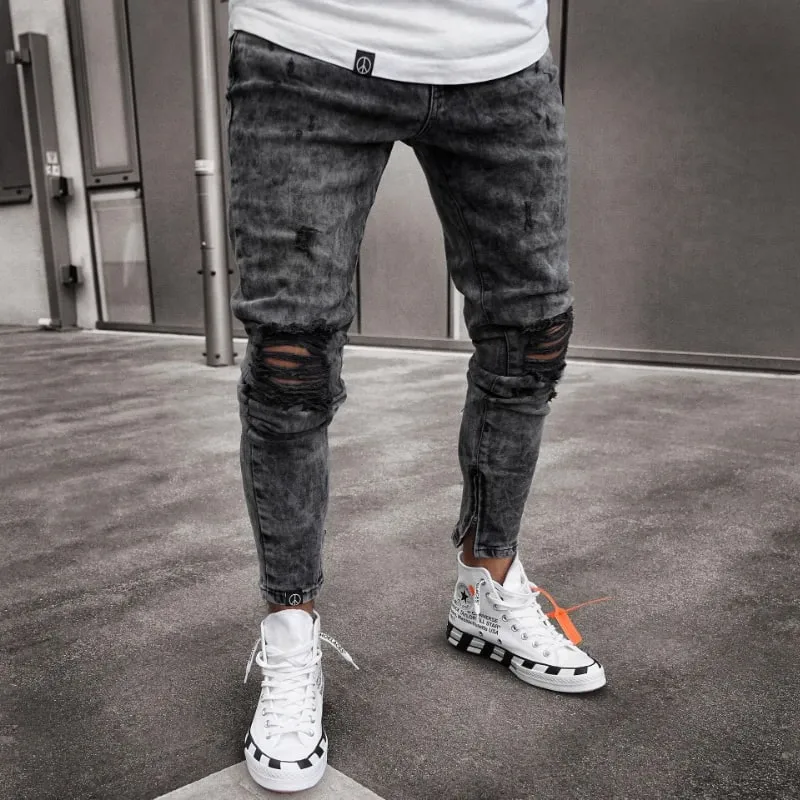 Denim Pant Men Jeans Vintage Pencil Pants High Waist Distressed Hole Skinny Trousers Zipper Hem Y2k Streetwear Splice Casual
