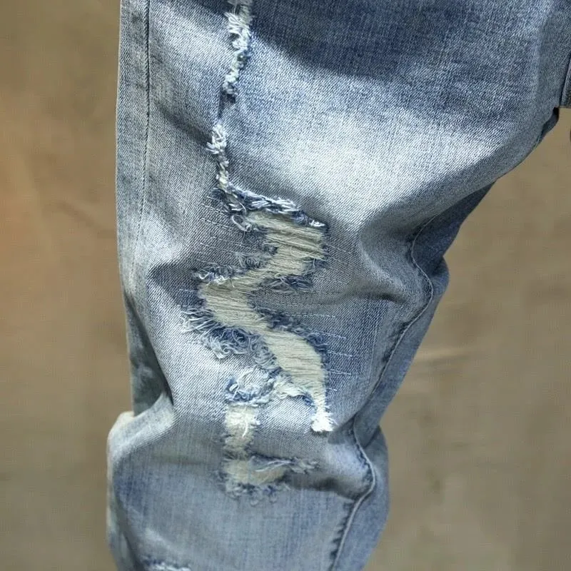 Spring and Autumn New Fashion Trend Solid Color Perforated Straight Leg Elastic Jeans Men's Casual Sports High-Quality Jeans