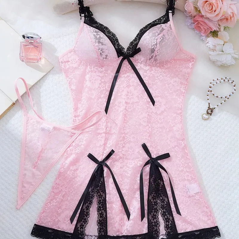 Women's Sexy Lingerie Women Erotic Bra Nightdress Sexy Lace Sleepwear Slim Soft Dresses V Neck Full Slip Sleepwear Dresses