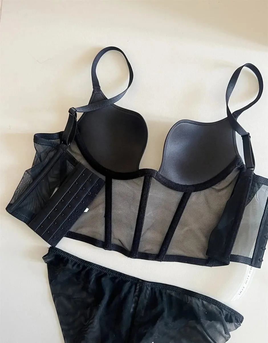 Sexy black fishbone bra underwear with steel ring top support lingerie bra set gathering women large size bralette — image 3