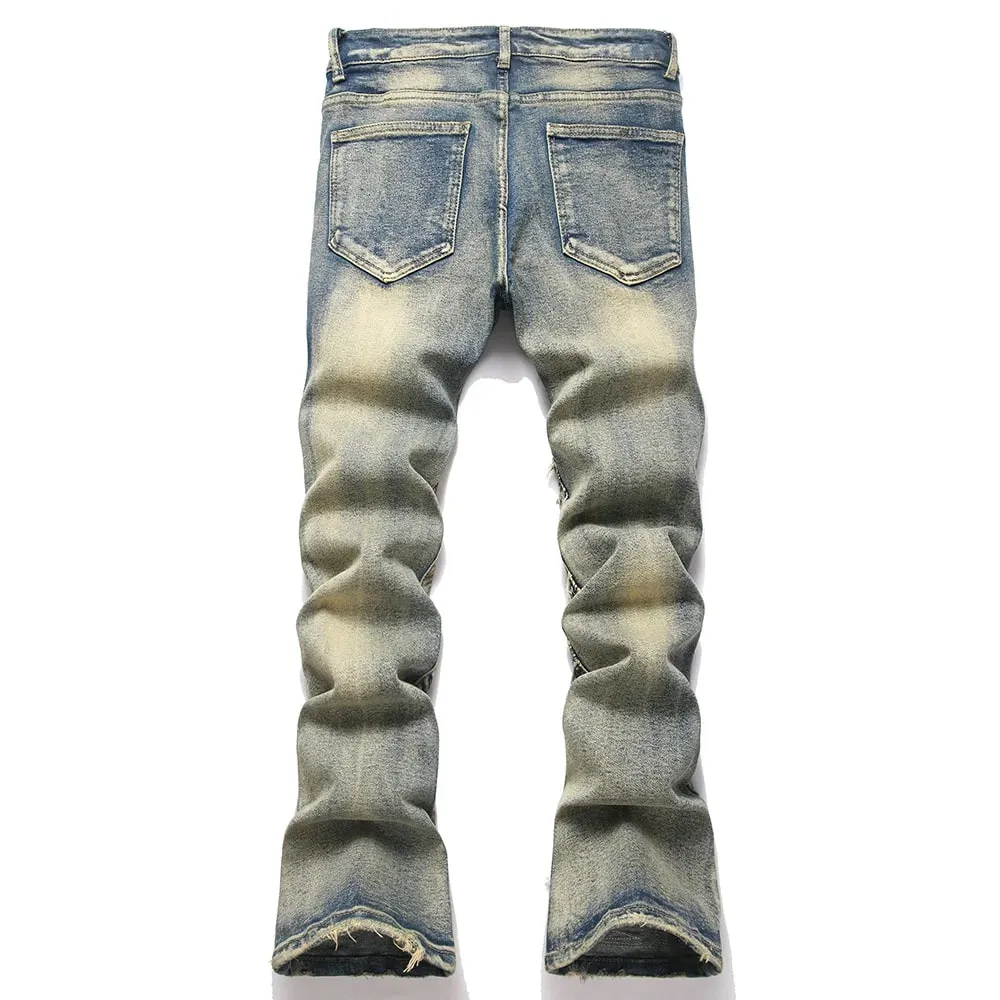 Men Embroidery Patch Boot Cut Jeans Patchwork Stretch Denim Slim Flared Pants Vintage Blue Streetwear Trousers — image 2