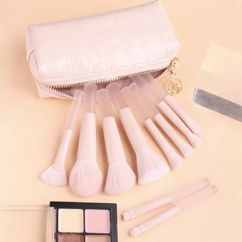 10Pcs Full Face Makeup Brush Kit Crocodile Grain Zipper Bag Powder Contour Shadow Brow Eyelash Cosmetic Brushes