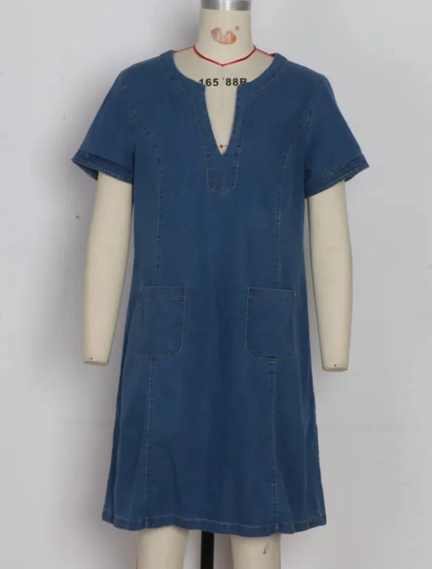 Denim Dress Women Streetwear Dresses V Neck Short Sleeves Pockets A Line Vintage Distressed Washed Summer Vestidos LYQ603122 — image 3