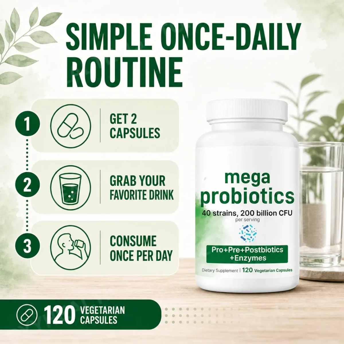 Probiotics Capsules 200 Billion CFU 40 Strains Prebiotics Digestive Enzymes Gut Health Supplement 120 Veg Capsules Men Women — image 1