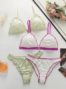 2Sets Women Satin Triangle Lingerie Set Wireless Front Closure Bra na may Ruffle Trim Soft Comfortable Bra at Panty Set para sa Araw-araw