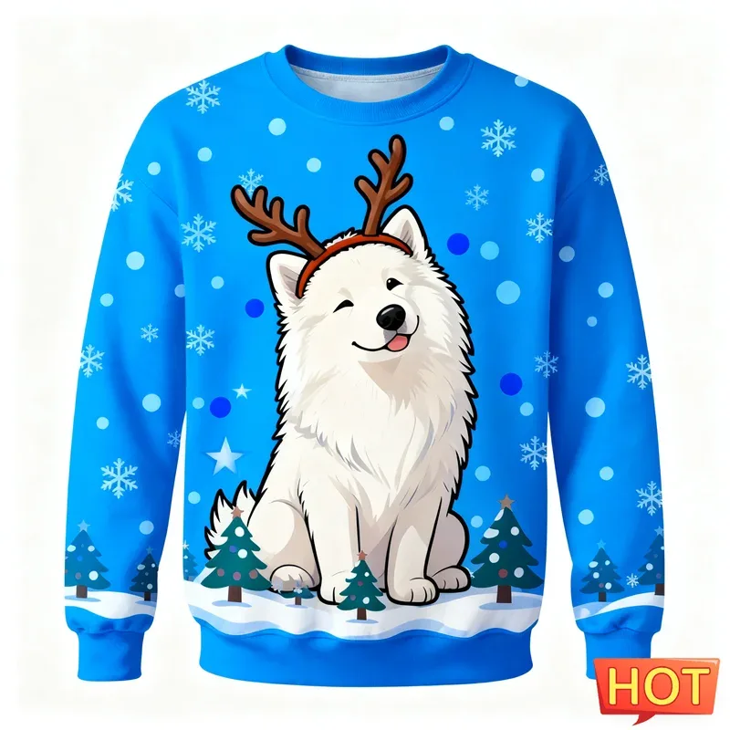 Sød samojed-grafisk grim juletrøje Mode ferietøj Hunde 3D-printede sweatshirts Casual overdimensionerede unisex-trøjer