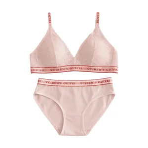 Pustende Letter Design Undertøyssett Blonder Dyp V Dame Undertøysdress Trådløs Fargeblokkering BH Trusesett Jente
