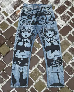 Anime Sexy Girl Print Blue Baggy Jeans Új stílusú széles szárú nadrág Y2k Harajuku Népszerű utcai viselet férfi női magas derekú nadrág