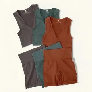 Dámské sportovní žebrované podprsenky Set bezešvé spodní prádlo set fitness šortky s vysokým pasem Dámské sexy spodní prádlo Bralette Deep V Top sportovní oblečení