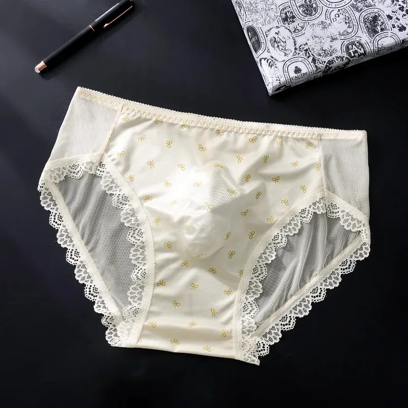 ขนาดใหญ่ขนาดMens Sissyซาตินกางเกงเซ็กซี่Scalloped Lace SheerกางเกงGlossyชุดชั้นในกลางลูกไม้โบว์Uนูนกระเป๋าUnderpant