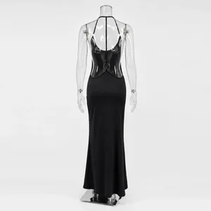Tossy Kadın Halter Backless Bodycon Maxi Elbise Açık Geri Spagetti Kayışı Altın Yüzük Akşam Parti Elbisesi Yaz Plaj Uzun Elbise