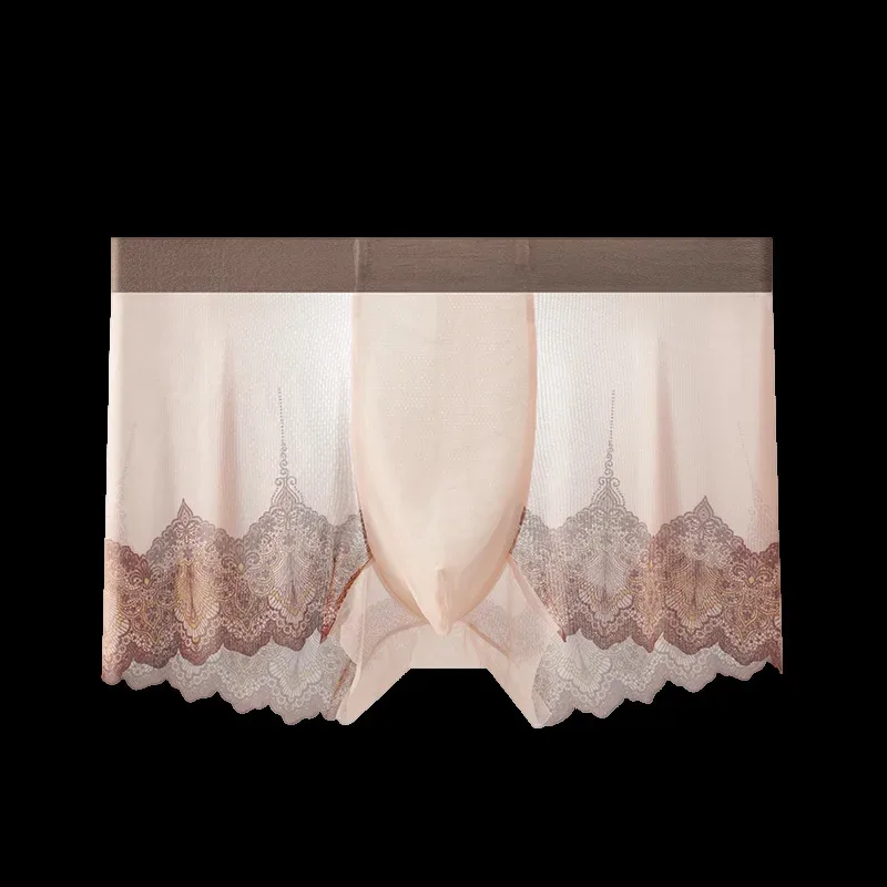 Homens rendas malha retalhos roupa interior verão ultra fino respirável boxer shorts sexy bulge bolsa calcinha ver através do tronco