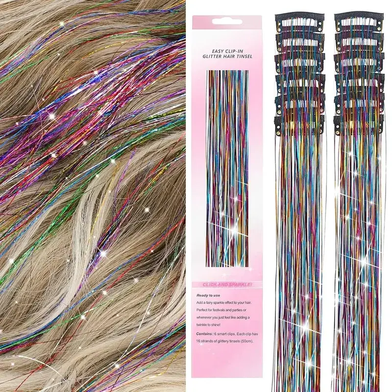 12Pcs Hair Tinsel Clip In Fashion Glitter Tinsel Synthetic Straight Hair Extensions Tinsel Kit Shiny Hair Accessories For Women