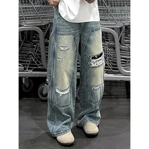 Men's Jeans Man Pants Heavy Duty Washed Multi Pocket Carpenter Style Straight Loose Denim Trousers Casual Fit High Street