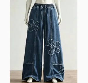 American Retro Frayed Edge Patchwork Heavy Washed Denim Jeans Unisex Street Loose Straight Wide-Leg Trousers 21095