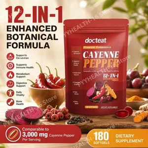 Docteat Cayenne Pepper 12 في 1 كبسولات هلامية لينة لدعم الصحة المناعية والعظام مع مستخلص البربارين والفلفل الأسود 180 كبسولة هلامية
