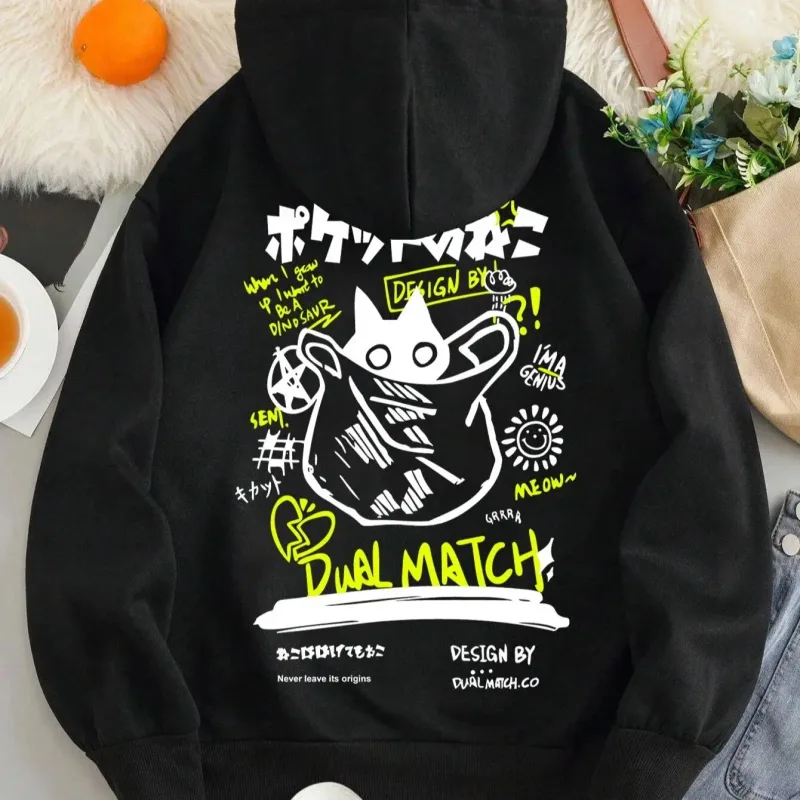Japan Style Black Cat Hoodie Lalaki Babae Panlabas na Kalye Kaswal Fashion Sport Cartoon Longsleeve Pang-adulto Autumn Winter Sweatshirt Top